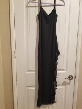Black Sleek Spagetti Strap Dress With Ruffle Detail
